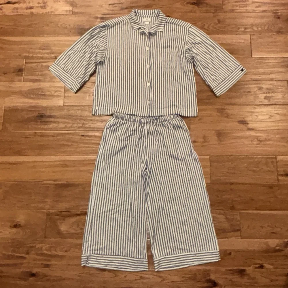 Petite Plume Pima Pajama Set in Navy French Ticking Women's Large